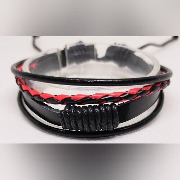 Men's bracelet leather braided layered black new e53 - Picture 1 of 1